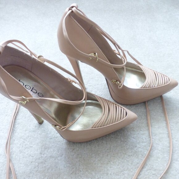BEBE cream platform stiletto lace up pointy toe heels - Picture 4 of 11